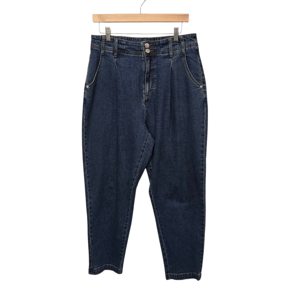 ON 34TH Womens High Rise Pleated Tapered Barrel Leg Jeans Dark Wash Size 12/31‎